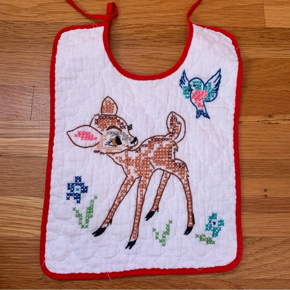 Vintage Handmade Quilted Crossstich Baby Bib Deer Bird Animal Theme